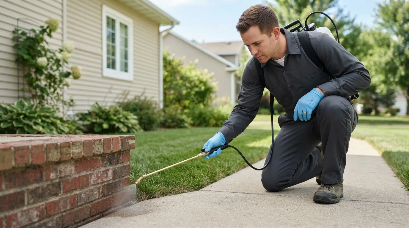 Pest control technician treating a home near Elrama, PA
